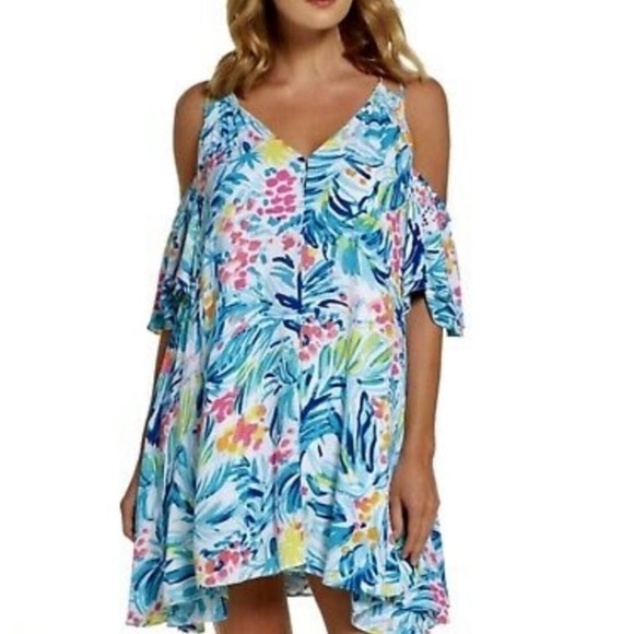 Lilly Pulitzer Bellamie Dress Serene Blue Tippy Top Sunny Shoulder Flowy Size XS - Picture 1 of 11